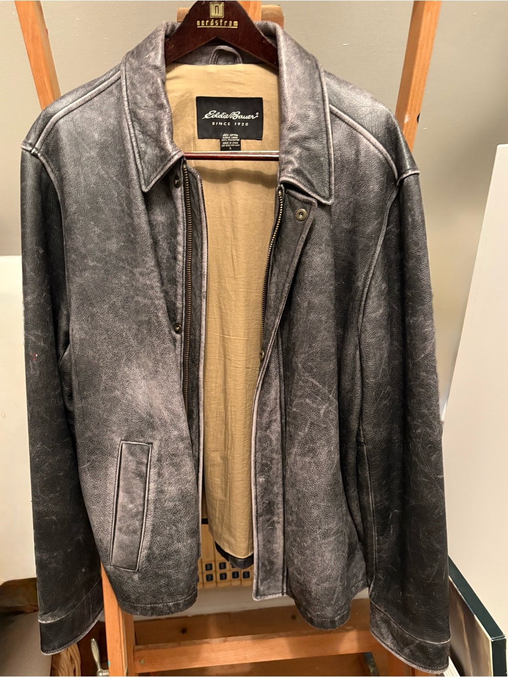 Eddie Bauer Distressed Black Leather Bomber Jacket with Tan Lining
